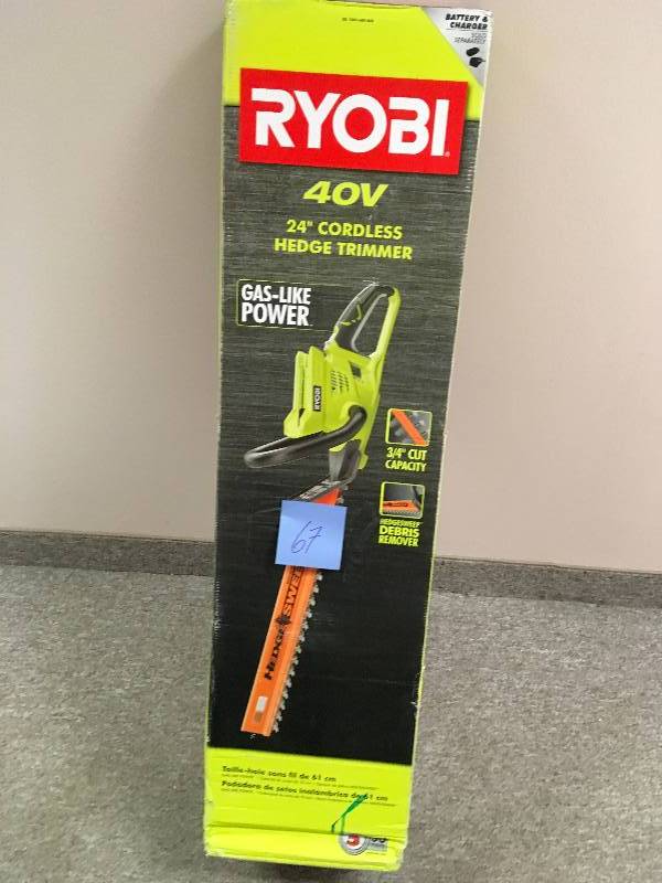lot 67 image: RYOBI RY40601A 24in. 40-Volt Lith-ion Cordless Hedge Trimmer (Bare Tool) open box in good condition