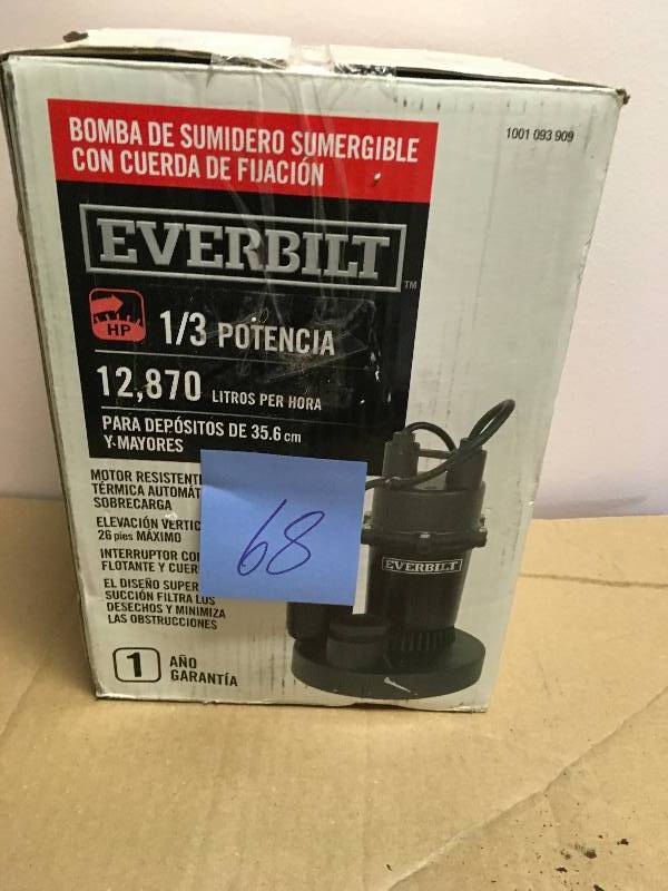 lot 68 image: Everbilt SBA033BC Submersible Sump Pump 13 HP 115 Volts 60 Hertz