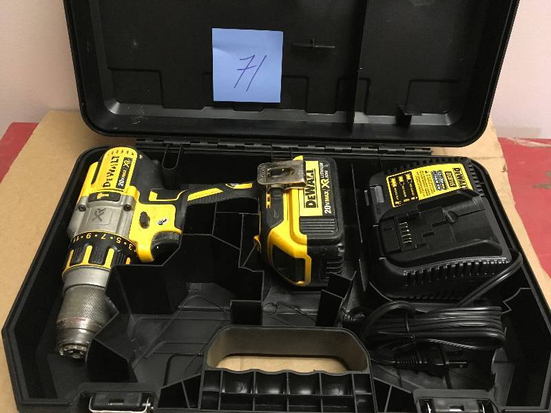 lot 71 image: DEWALT 20-Volt MAX XR Lithium-Ion Cordless Premium Brushless Hammer Drill with (2) Batteries 5Ah, Charger and Case  In good condition.