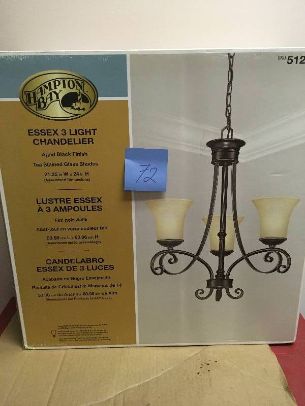 lot 72 image: Hampton Bay Essex 3-Light Aged Black Chandelier with Tea Stained Glass Shades new