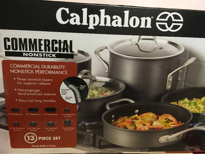 lot 78 image: Calphalon Commercial Nonstick 13 PC Heavy-gauge Hard Anodized Cookware Set open box