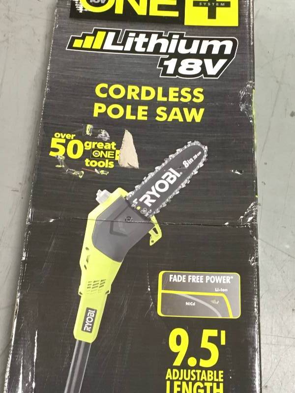lot 1 image: Ryobi ONE 8 in. 18-Volt Lithium-Ion Cordless Pole Saw 1.3 Ah Battery and Charger Included in good workimg condition