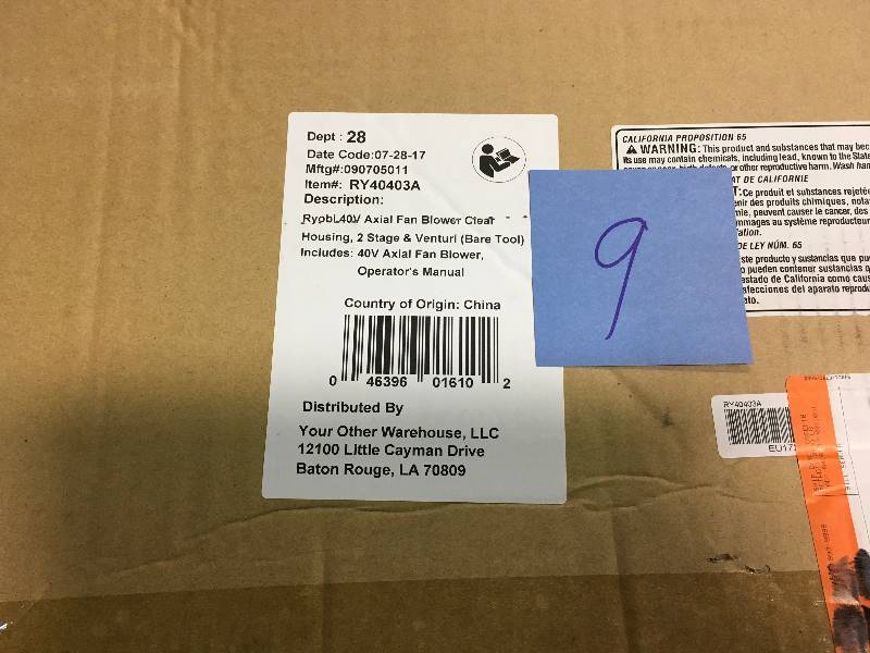 lot 9 image: Ryobi 110 MPH 480 CFM Variable-Speed Turbo 40-Volt Lithium-ion Cordless Jet Fan Leaf Blower - Battery and Charger Not Included open box in like new condition
