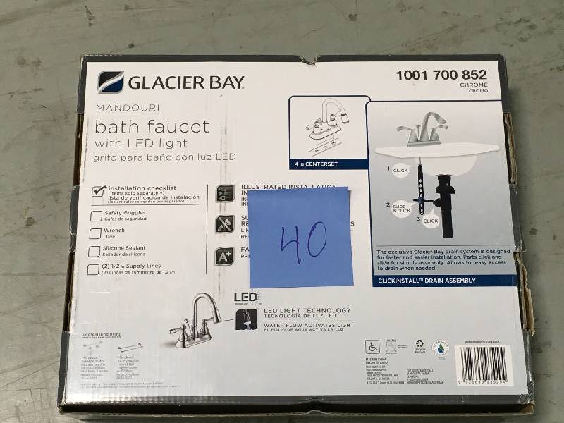 lot 40 image: Glacier Bay Mandouri 4 in. Centerset 2-Handle LED High-Arc Bathroom Faucet in Chrome not used
