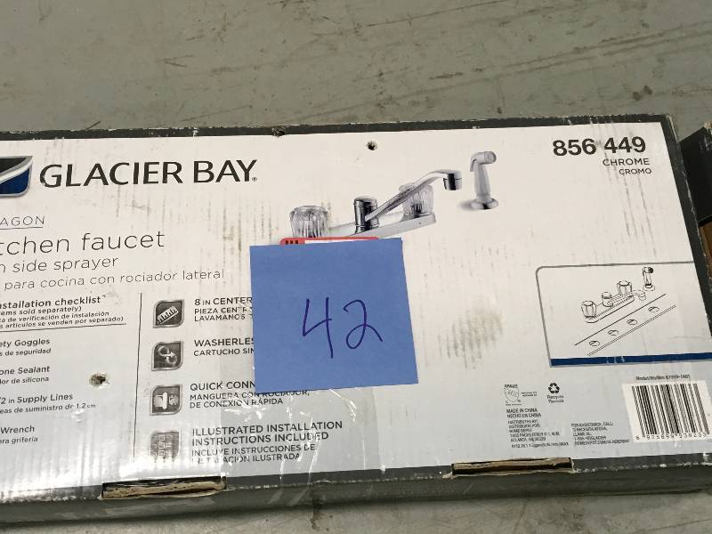 lot 42 image: Glacier Bay Aragon 2-Handle Standard Kitchen Faucet in Chrome with White Side Sprayer not used