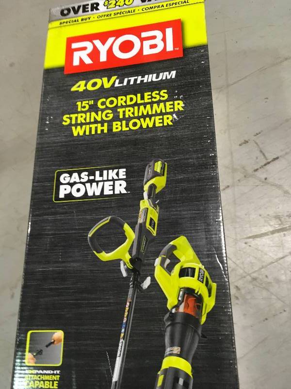 lot 45 image: Ryobi 40-Volt Cordless Lithium-Ion String Trimmer and Jet Fan Blower Combo Kit (2-Tool) not used
