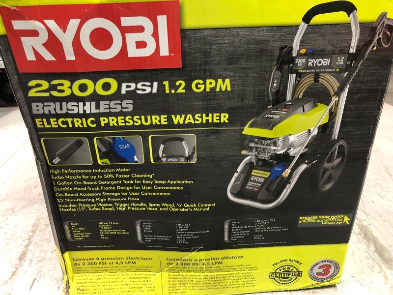 lot 101 image: Ryobi 2,300 PSI 1.2 GPM High Performance Electric Pressure Washer not used