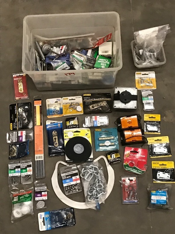 lot 174 image: Tote Of Assorted Hardware, Electri...
