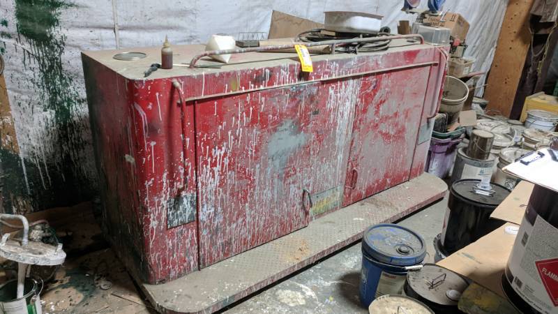 lot 3394 image: Red Metal Cabinet with Pneumatic Paint Shaker