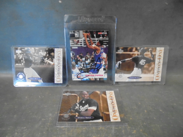 lot 65 image: Signed Scottie Pippen Card and 3 Michael Jordan Cards