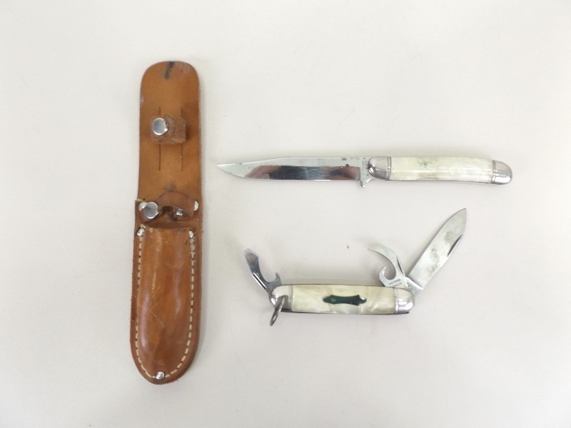 Vintage Hammer Brand Fixed Blade and Pocket Knife Set in Leather