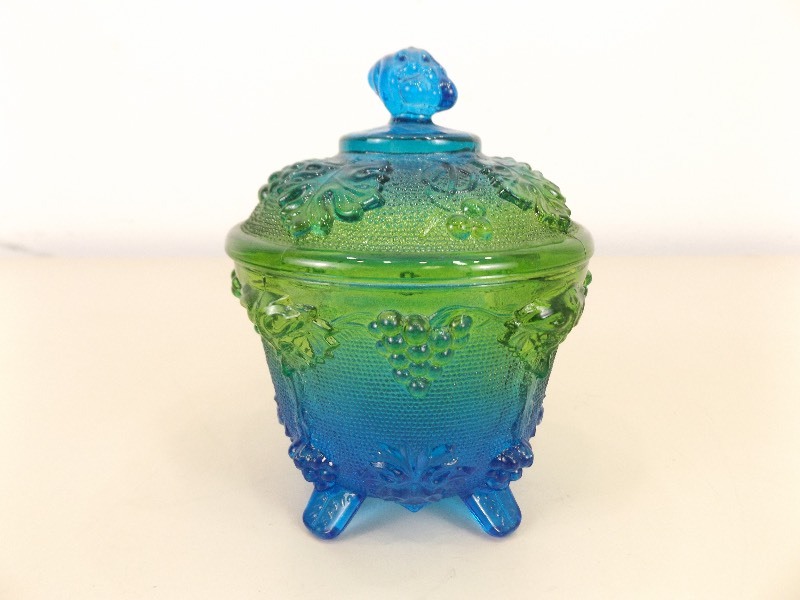 lot 25 image: Antique Green and Blue Glass Footed Candy Compote