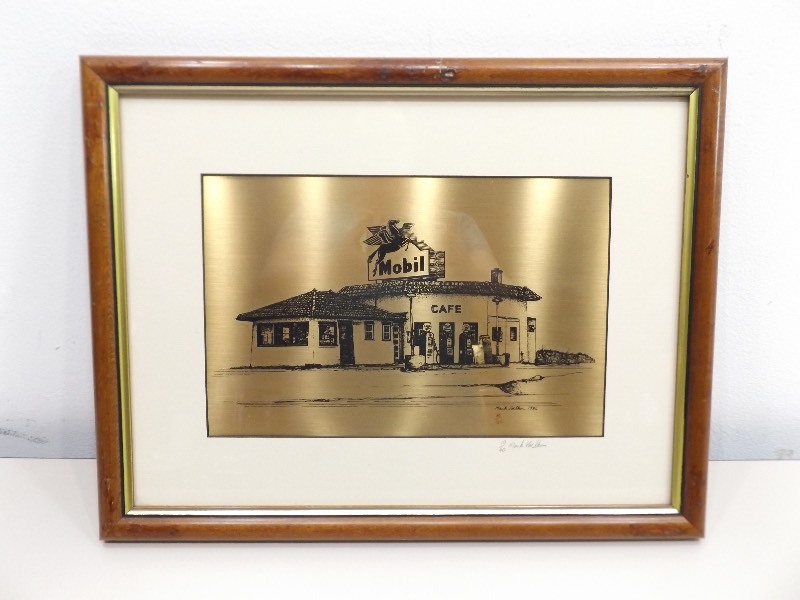 lot 28 image: Vintage Artist signed Framed Mobil Oil Pegasus Metal Etching