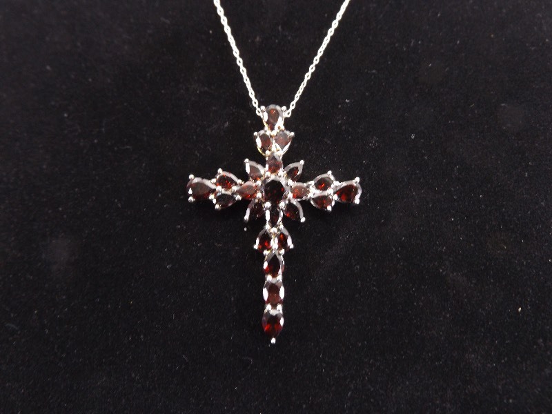 lot 56 image: Large .925 Sterling Silver Red Garnet Cross Pendant and Necklace