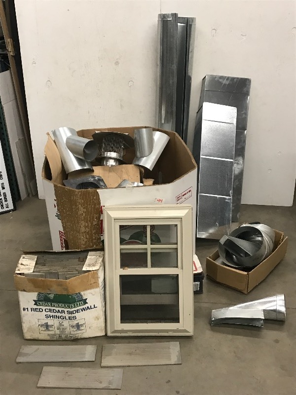 lot 44 image: Assorted Stove Piping, Roof Vents, Vinyl Window, Shingles, Etc