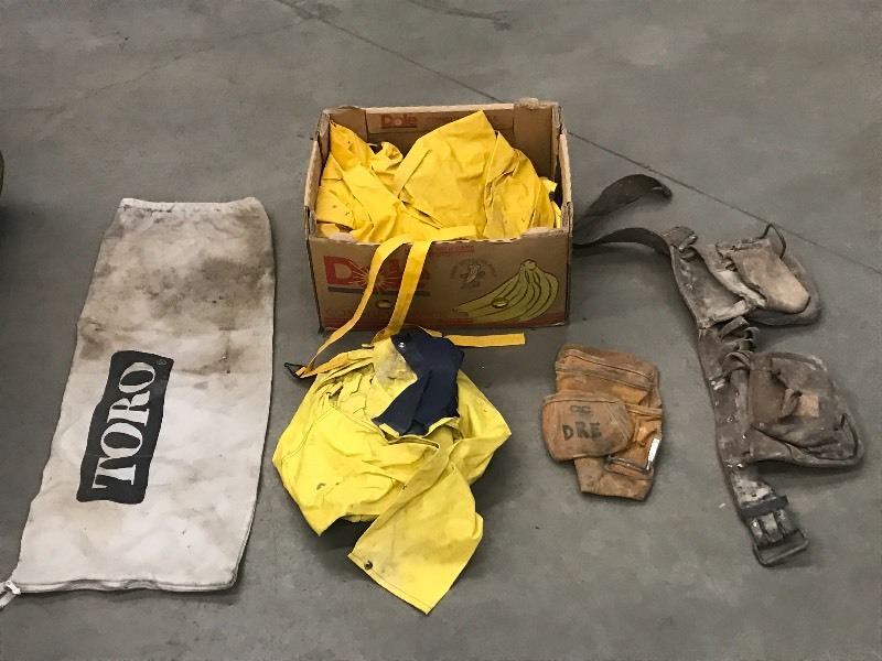 lot 35 image: Assorted Rainwear, Tool Belts, Lawn Mower Bag, Etc
