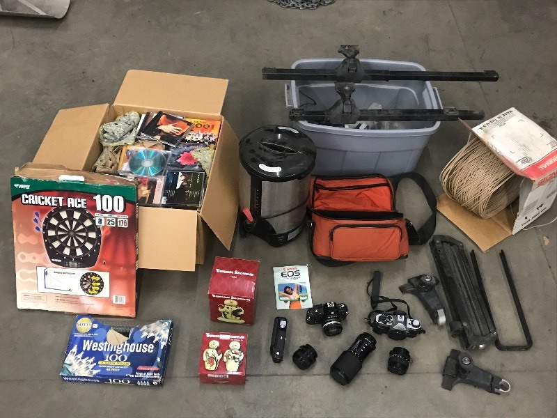 lot 59 image: Coffee Maker, Holiday Lights  Decor, Roof Rack, Music CDs, Etc