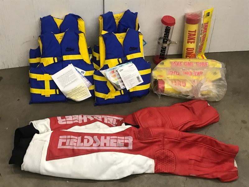 lot 62 image: (4) Youth Life Vests, Take-One Tubes, Leather Motorcycle Padded Pants
