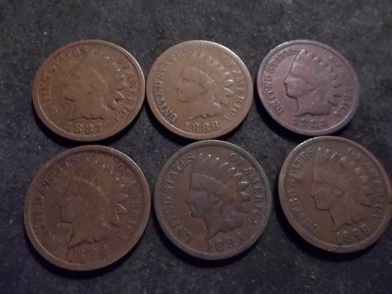 6 Indian Head Cents 1880s-1890s