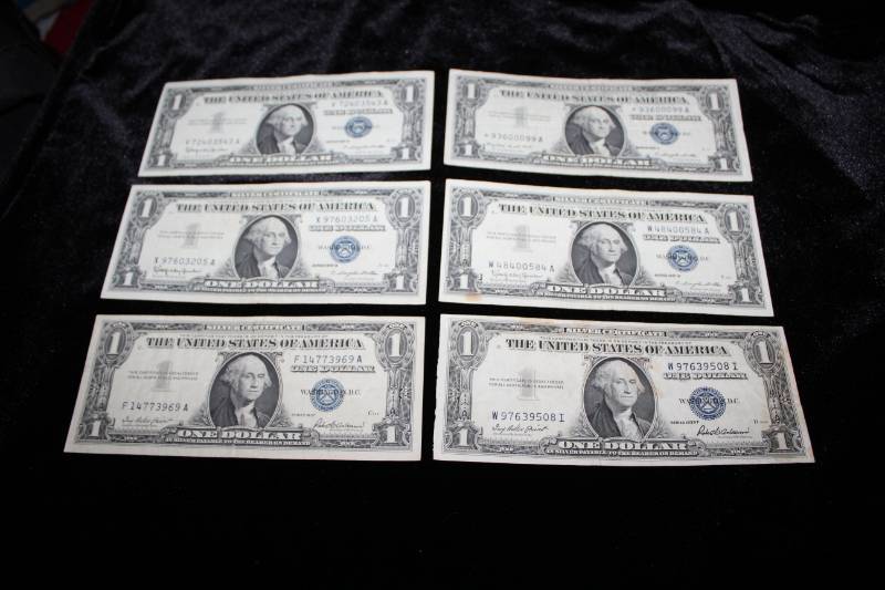 lot 202 image: Lot of (6) One Dollar Silver Certificate Bills