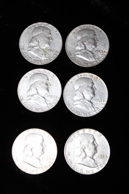 lot 243 image: Lot of (6) 1963 Franklin Half Dollar Silver Coins