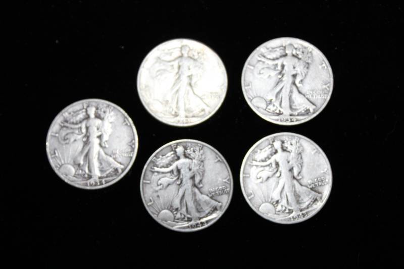 lot 257 image: Lot f (5) Various Dates Walking Liberty Half Dollar