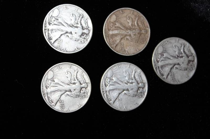 lot 256 image: Lot f (5) Various Dates Walking Liberty Half Dollar