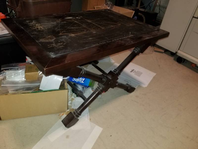 lot 350 image: Etched Stone Top End Table  with a Picture of the Isiah L. Jefferson Grand Banks Fisherman Boat.