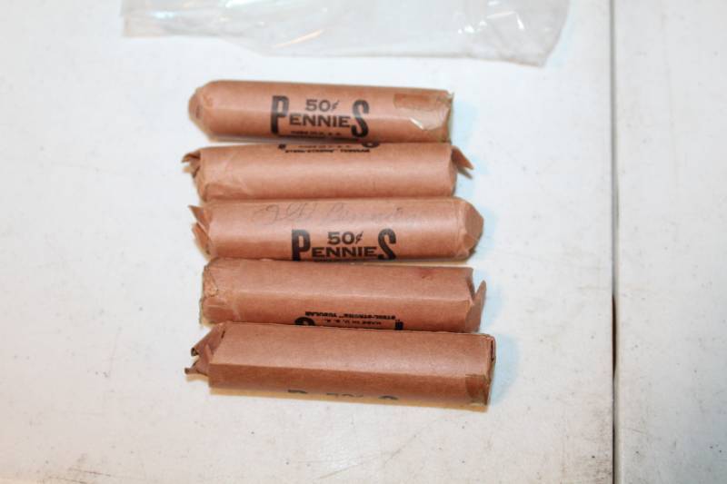 lot 346 image: Lot of (5) rolls Of 50 Mixed Date Wheat Pennies.