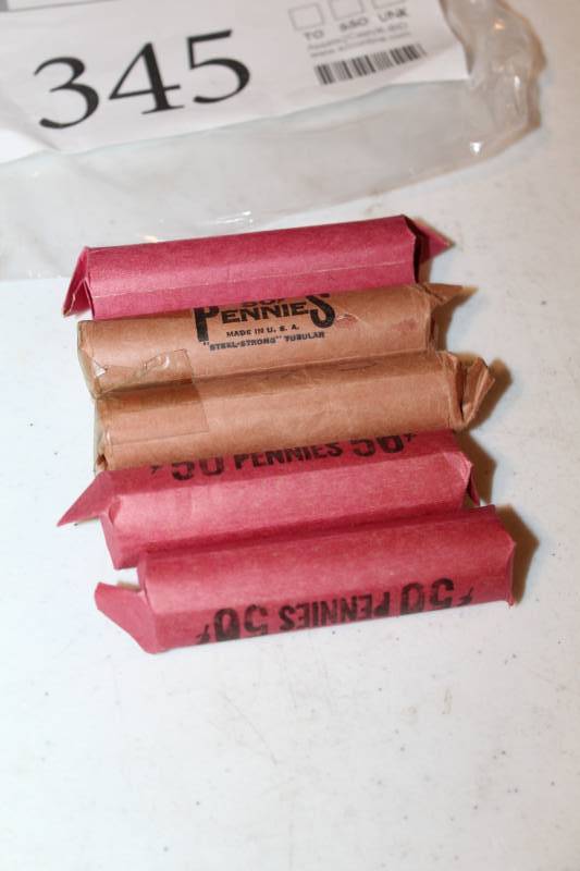 lot 345 image: Lot of (5) rolls Of 50 Mixed Date Wheat Pennies.
