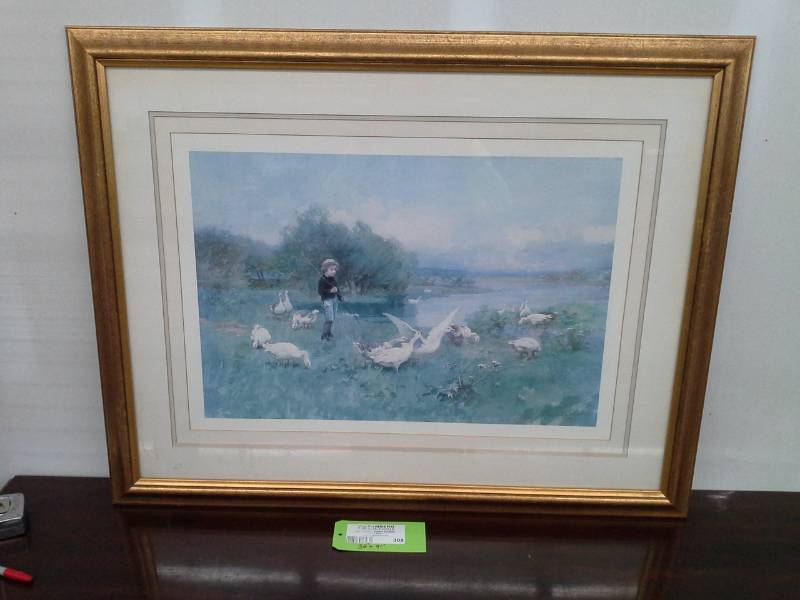 lot 308 image: Boy Whipping Geese with Stick Instead of Doing Evening Chores Picture