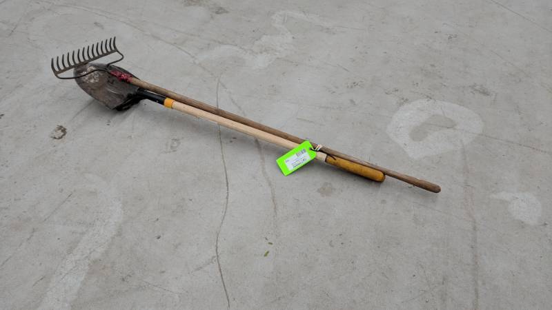 lot 132 image: Pair of Spade Shovels and a Metal Rake
