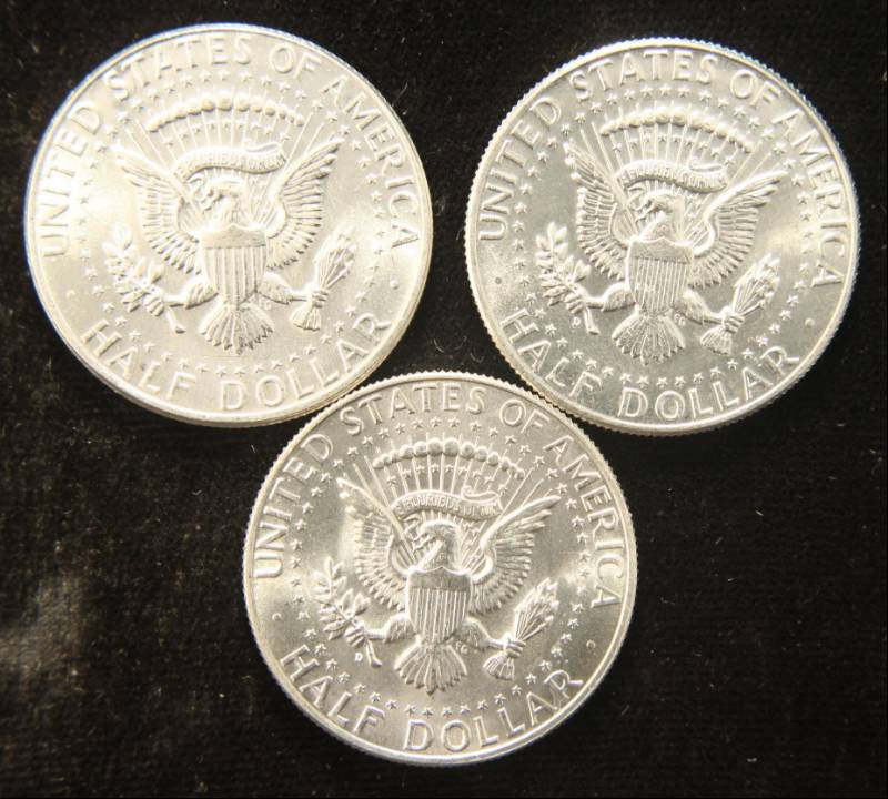 3 UNCIRCULATED 1964 KENNEDY SILVER HALF DOLLARS