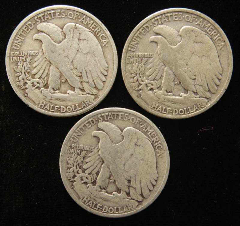 3 WALKING LIBERTY SILVER HALF DOLLARS 1943-D 1944-D 1945-D