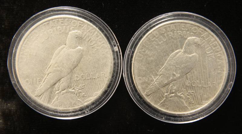 2 PEACE SILVER DOLLARS IN AIRTITE HOLDERS