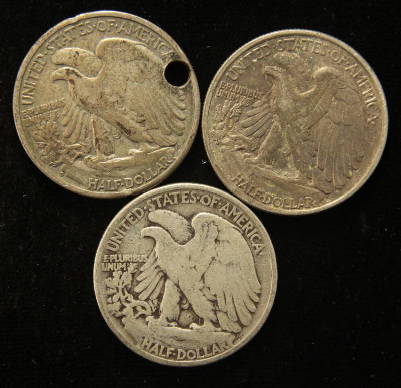 3 WALKING LIBERTY SILVER HALF DOLLARS ONE HOLED