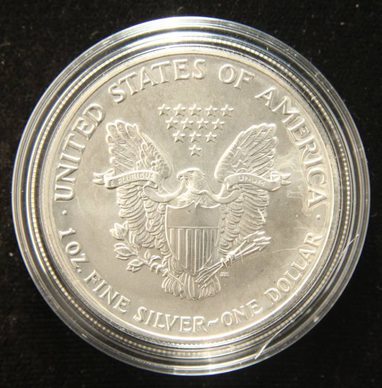 1991 AMERICAN SILVER EAGLE 1 TROY OZ. .999 FINE SILVER IN AIRTITE HOLDER