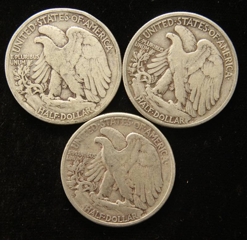 3 WALKING LIBERTY SILVER HALF DOLLARS 1941-D 1943-D 1945-D