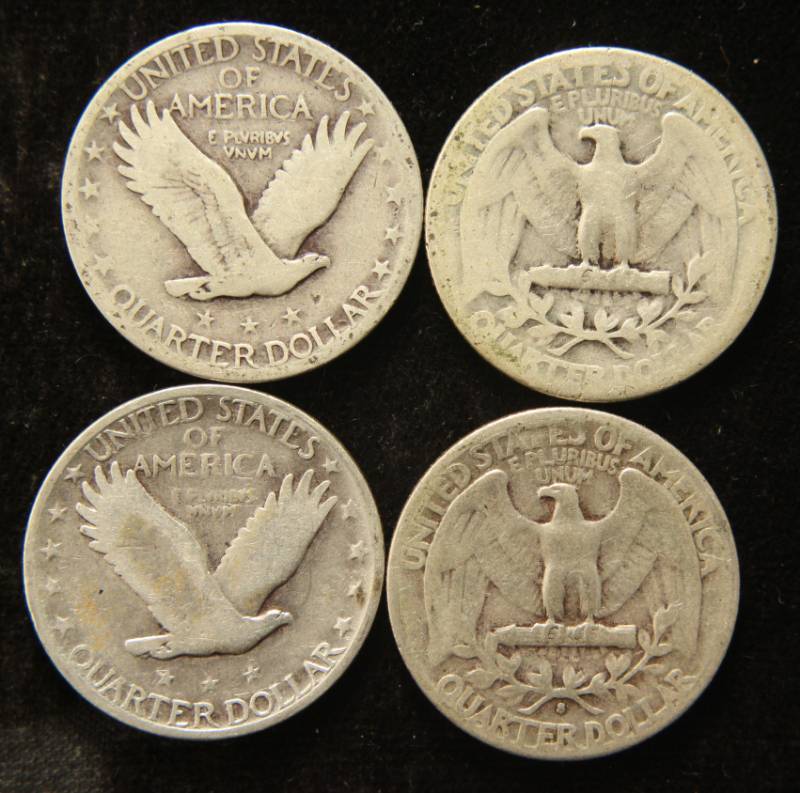 4 SILVER QUARTERS 2 WASHINGTON & 2 STANDING LIBERTY