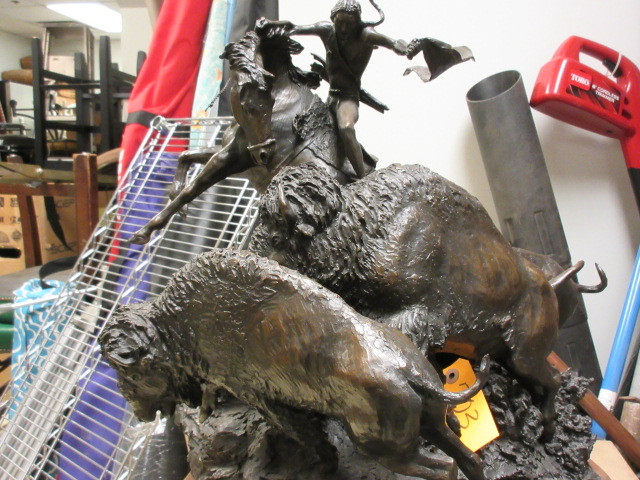 lot 703 image: BRONZE FIGURE HERDING BUFFALO  BY RUSTY PHELPS