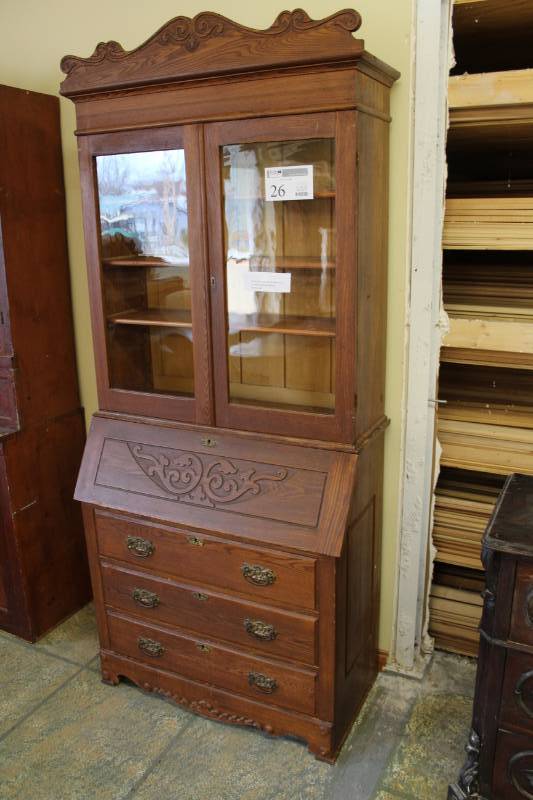 lot 26 image: Wood Hutch w 2-Glass Doors, 3-Shelves, 3-Drawers, Flip Top Desk, Key