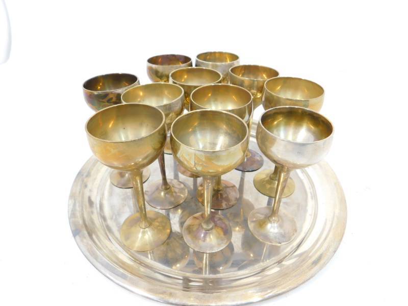 lot 67 image: Lot Of Eleven Silverplate Wine Glasses W Tray