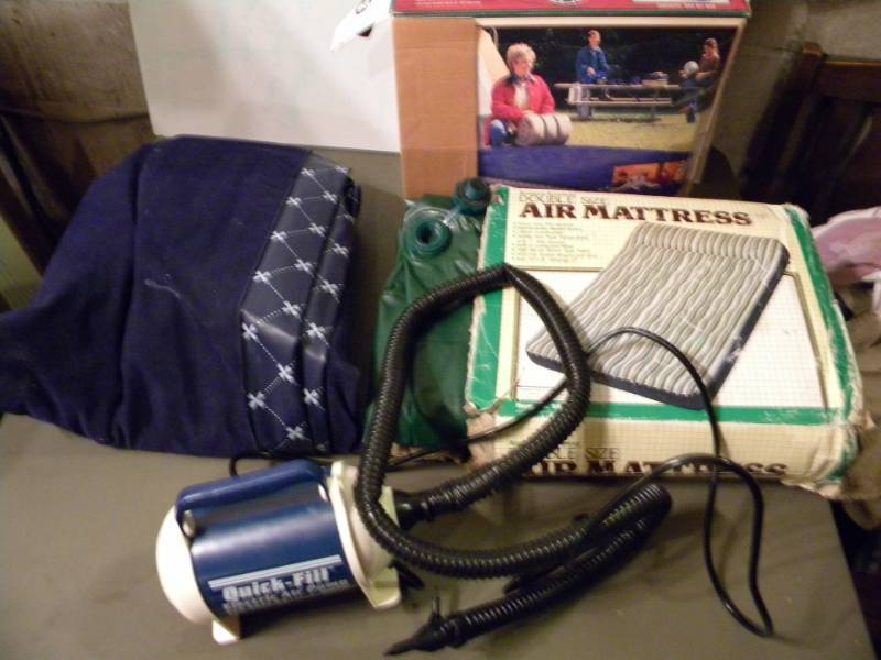 lot 63 image: Queen & Double Size Air Mattresses and Air Pump in a Rubbermaid Tote