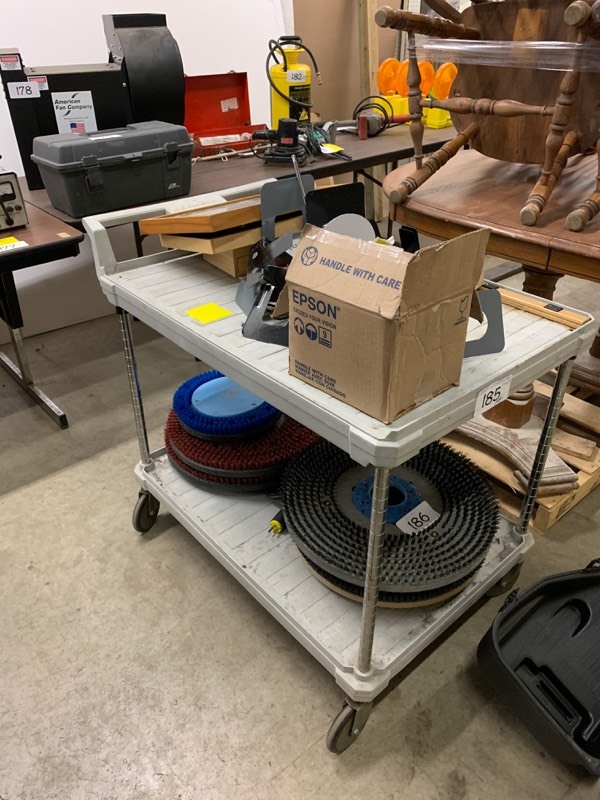 lot 185 image: Rolling cart w some contents.