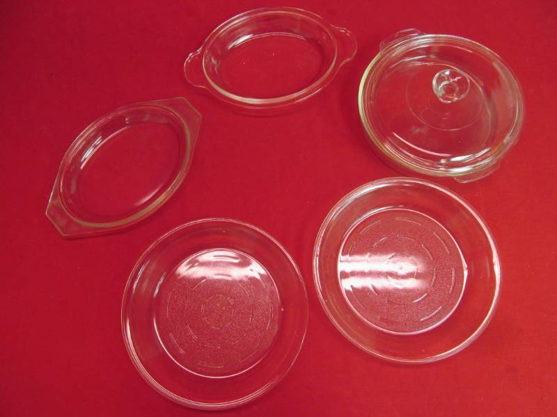 lot 127 image: Pyrex casserole dish, Glass Bake pie plates