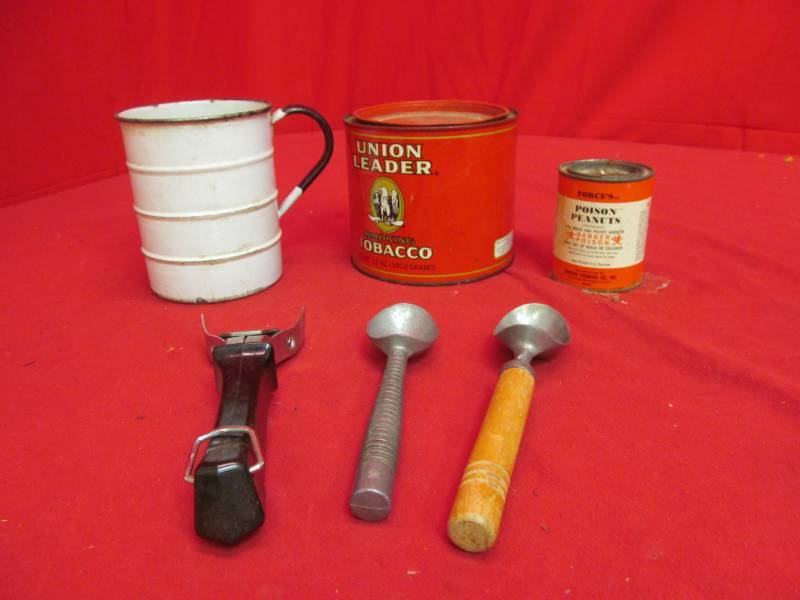 lot 196 image: vintage ice cream scoops, tobacco tin, poison tin