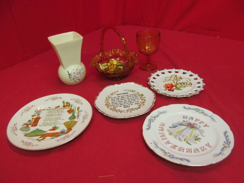 lot 218 image: springwood vases basket, decorative plates