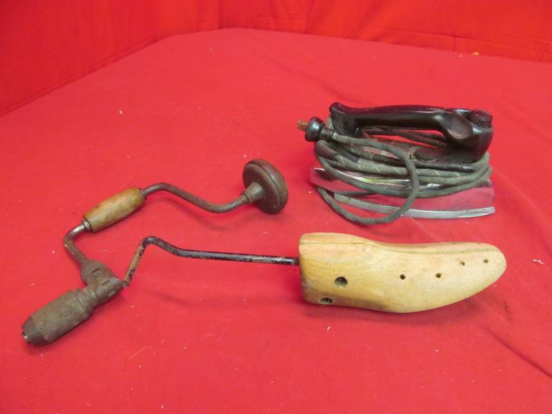 lot 239 image: vintage iron, hand drill, shoe stretcher