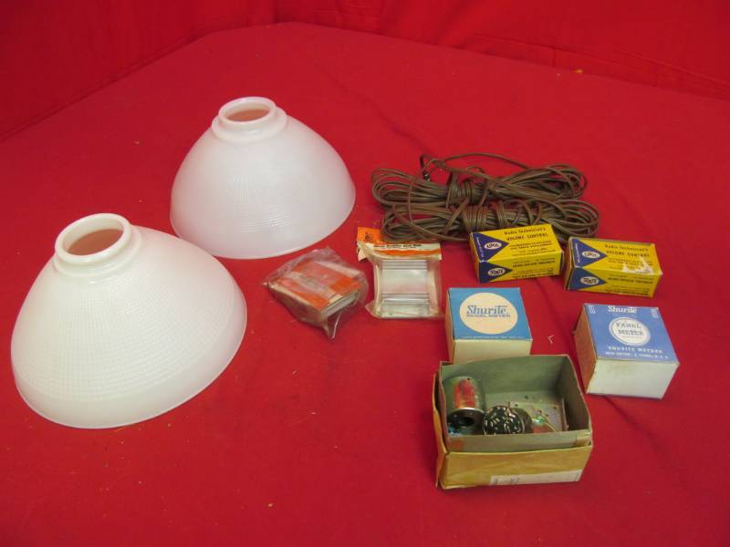 lot 241 image: glass lamp shades, speaker wire, radio technicians volume control.silcon heat sink