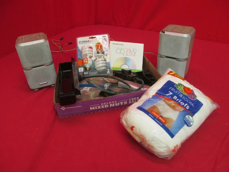 lot 24 image: cds, mens briefs, light bulbs, speakers